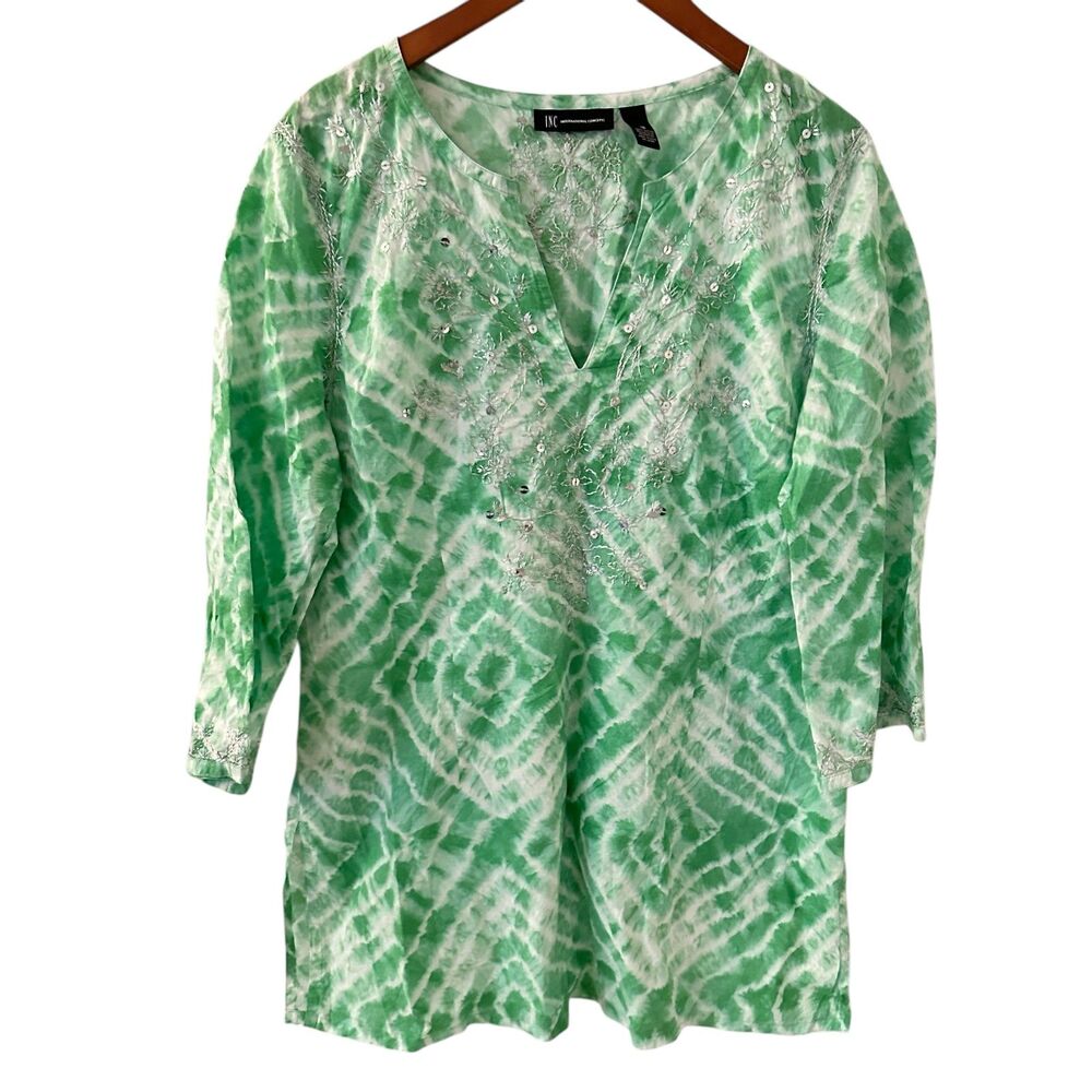 INC International Concepts Green White Tie Dye EmbroiderSequin Tunic Top Size 16